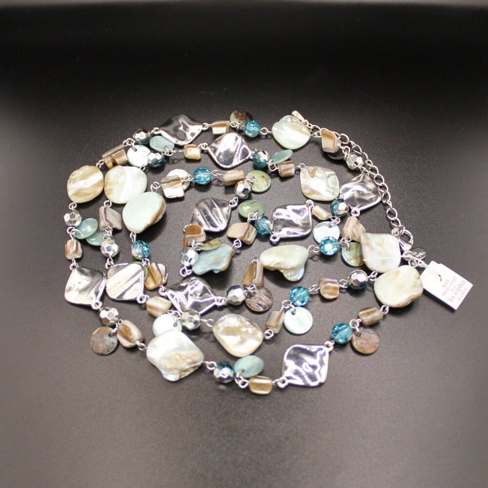 Lia Sophia "Ocean Air" Long Necklace Abalone Mother of Pearl Shell Blue Crystals
